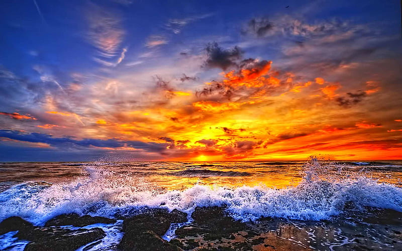 Sunset Lovely Splashing Sky Sea Wave Hd Wallpaper Peakpx