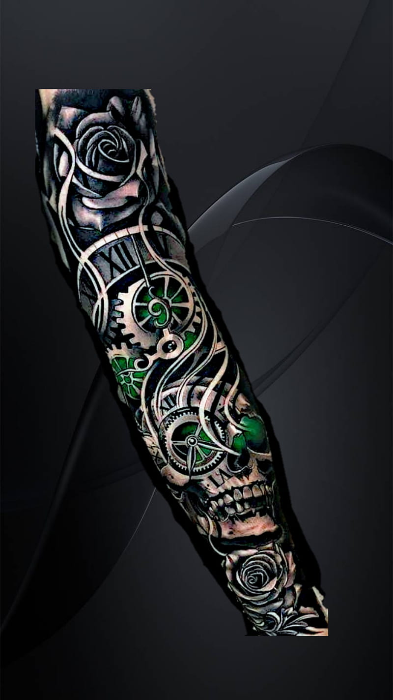 Bio Mechanical Gears Green Roses Skull Tattoos HD Phone Wallpaper Peakpx