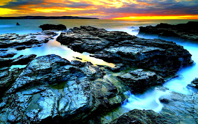 SUNSET Rocks Water Cliffs Puddles Nature Clouds Sea HD