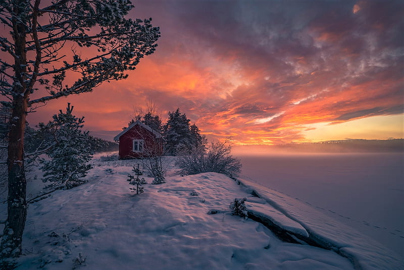 Cabin At Sunset Sunset Cabin Snow Winter HD Wallpaper Peakpx