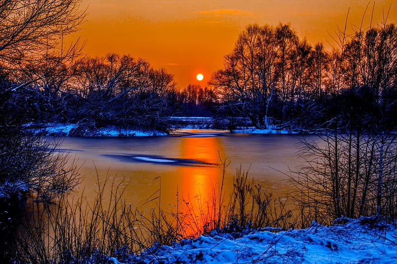 WINTER SUNSET Forest Snow Ice Sunset Lake Winter HD Wallpaper