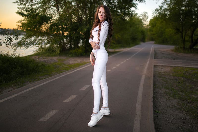 Ekaterina Kononova In White Outdoors Model Highway Brunette White