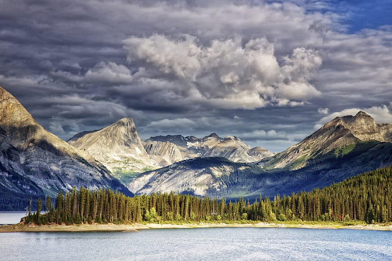 Kananaskis Lake Alberta Canada Forest Water Mountains Clouds Sky