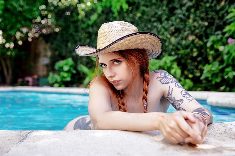 Cowgirl Emanuelle Model Cowgirl Redhead Tattoos Pool Hat Hd