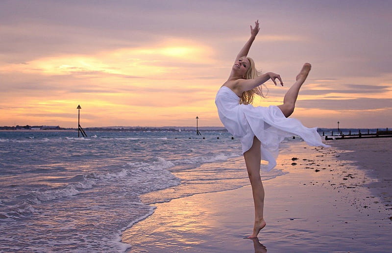 Summer Love Beach Sand Water Ocean Ballet Clouds Sky Women HD