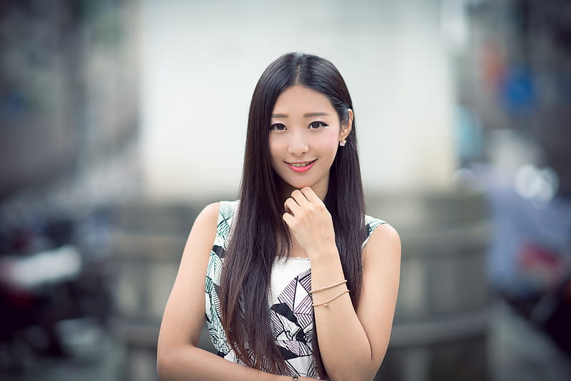 Women Asian Black Hair Depth Of Field Girl Long Hair Model Smile