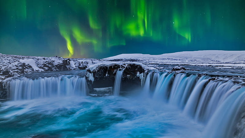 Waterfalls Goðafoss Iceland Waterfall Aurora Borealis HD wallpaper