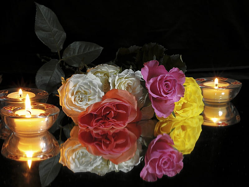 Rose Candle Reflection Colorful Flame Flowers Roses Reflection