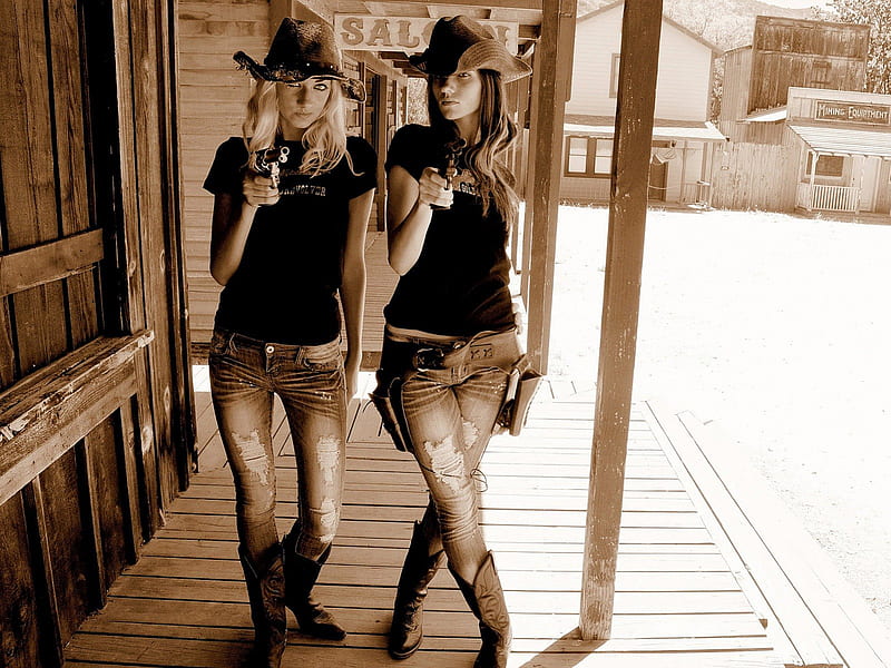 Armed Cowgirls Guns Sepia Models Cowgirls HD Wallpaper Peakpx