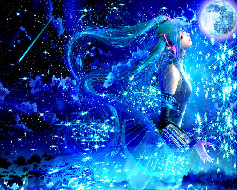 Miku Hatsune Estrellas Oc Ano Miku Cielo Mar Linda Pelo Azul