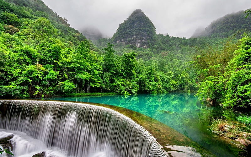 Magical Waterfall Morning Clickz Foggy Green Nature Clouds Leaves