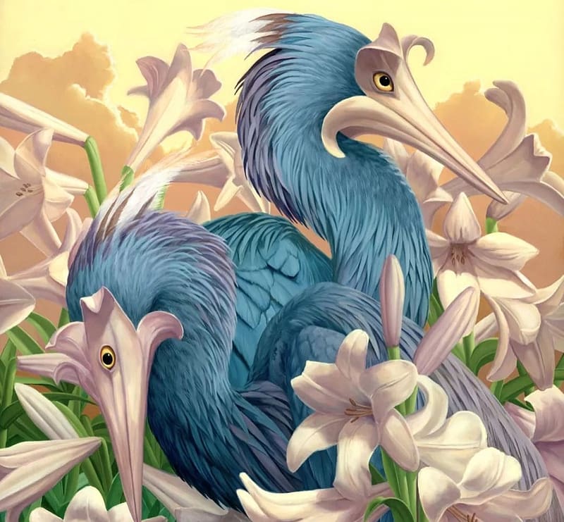 Lilly Bird Fantasy Art Flower Jon Ching Pasari Blue White