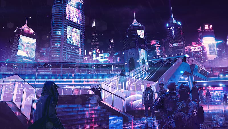 Gente noche ciudad edificio ciencia ficción cyberpunk paisaje