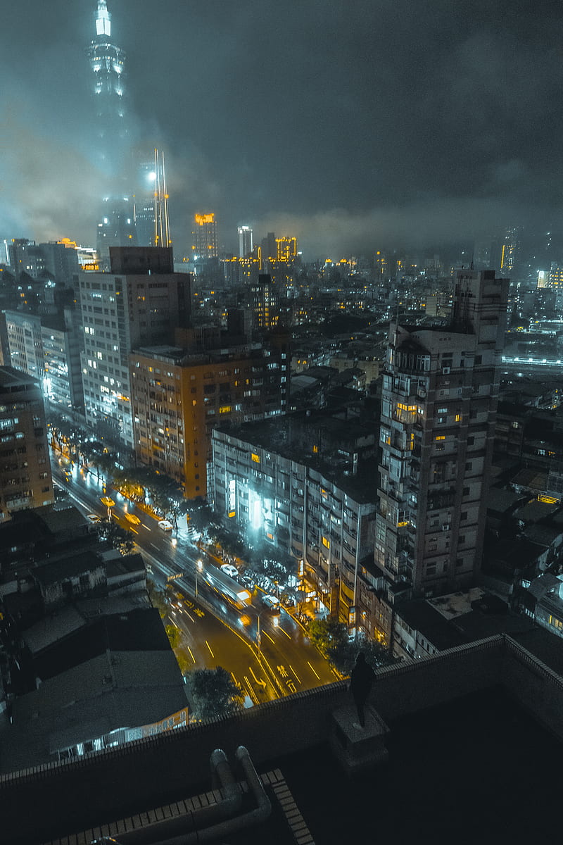 Aerial View Of City Buildings During Night Time Hd Phone Wallpaper