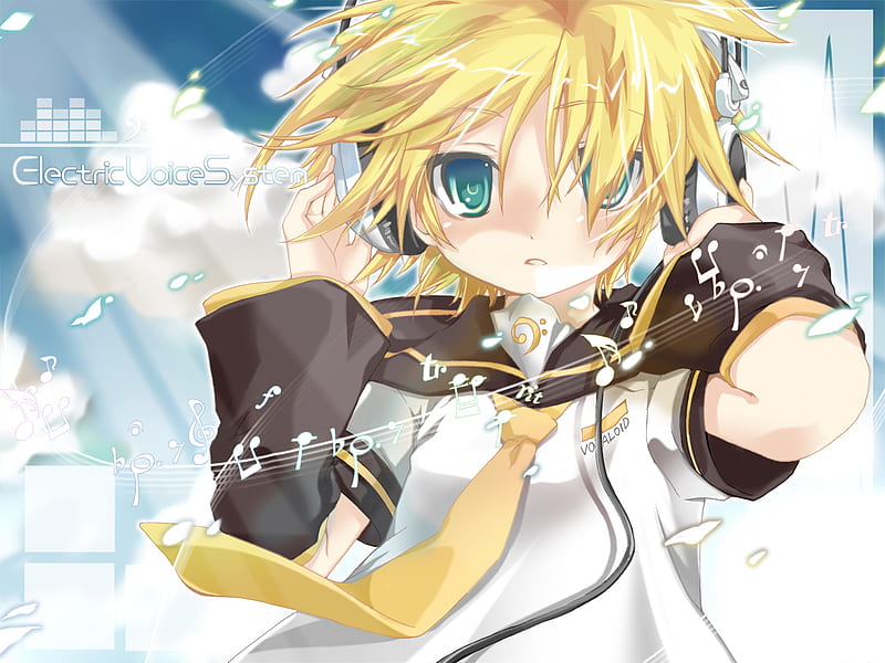 Len Vocaloid Headphones Tie Blonde Hair Clouds Cute Short Hair