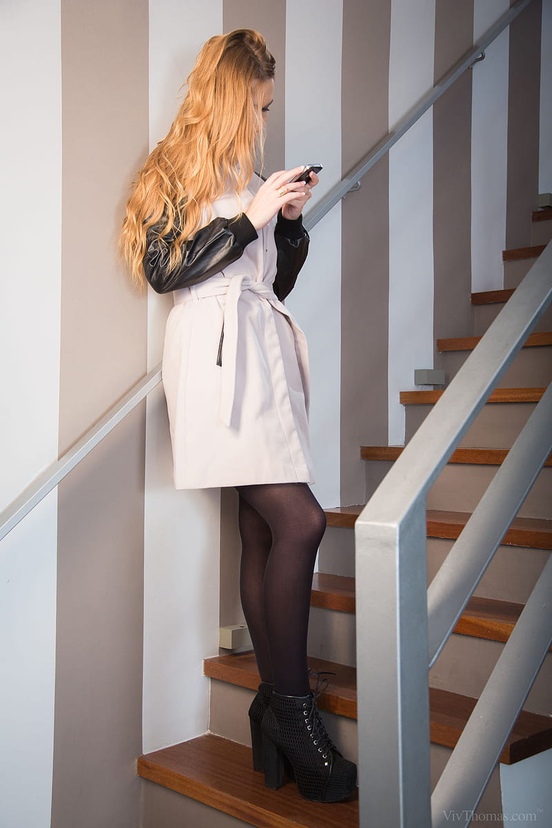 Women Alexis Crystal Blonde Coats Standing Reading Stairs Women