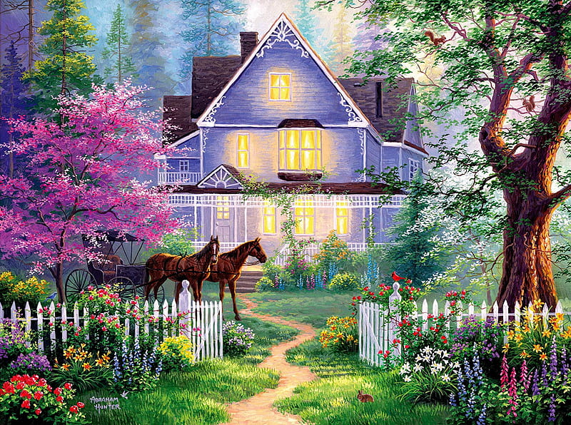 Victorian evening, house, victorian, flowers, peaceful, bonito, evening, horse, art, spring, countryside, HD wallpaper