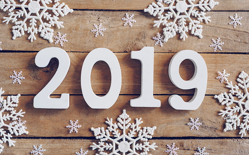 2019 year, wooden numbers, New Year, wooden snowflakes, 2019 concepts, HD wallpaper