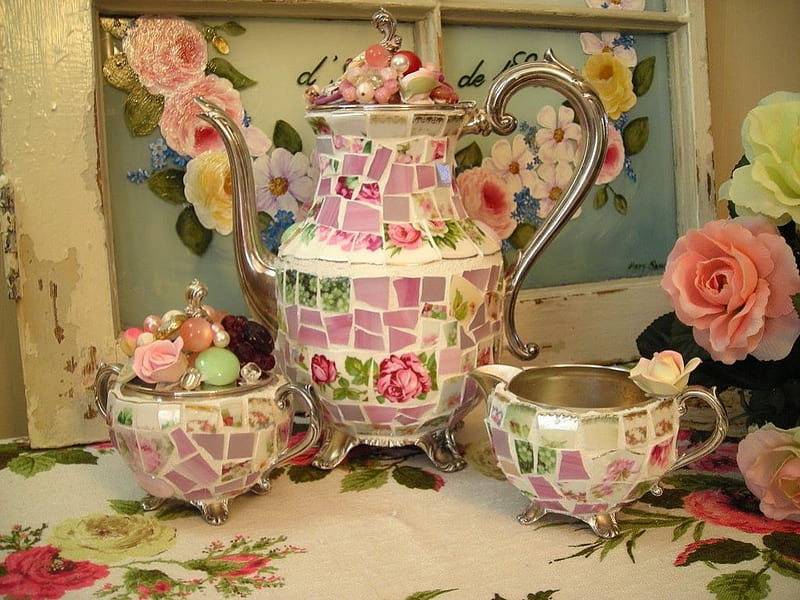 Pastel tea set, tea set, yellow, sweet pink, roses, silver, afternoon, entertainment, precious, pastel, morning, fashion, HD wallpaper