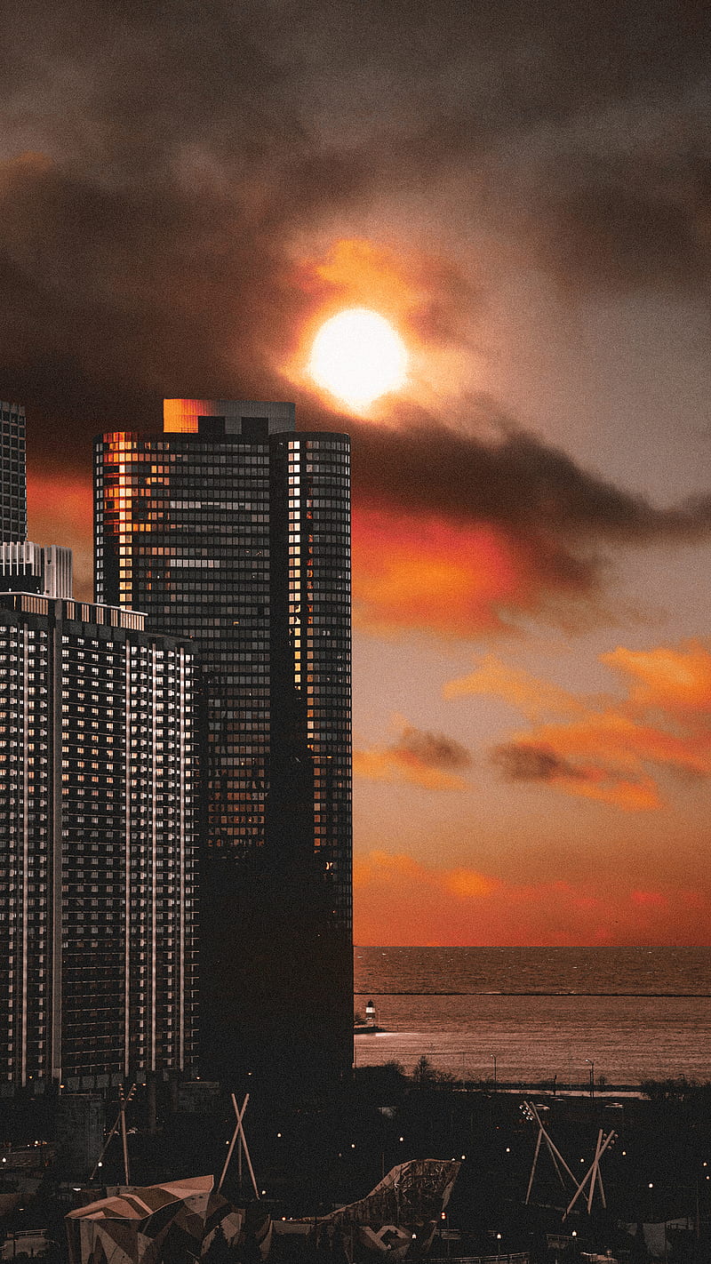 Late Night Town, Late, Taudalpoi, architecture, art, artwork, building, city, clouds, cloudy, collage, cool, digital, digital art, glowing, hipstere, house, moon, ocean, orange, graphy, popular, red, sky scraper, sun, surreal, surrealism, urban, yellow, HD phone wallpaper