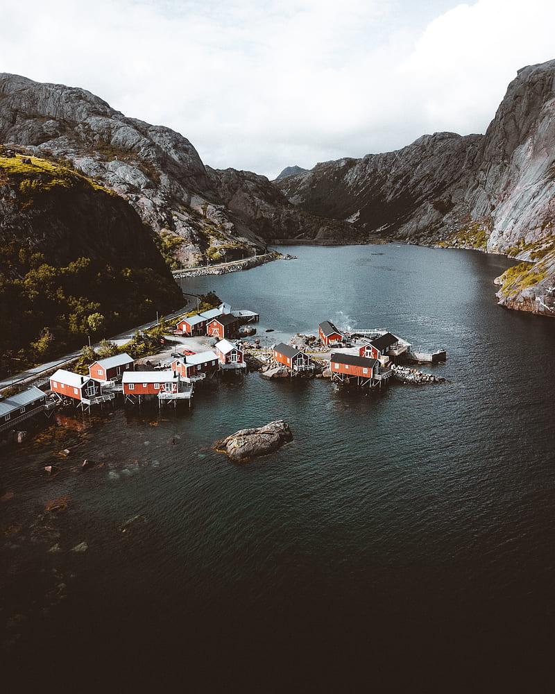 fjord, buildings, aerial view, fishing village, lofoten, norway, HD phone wallpaper