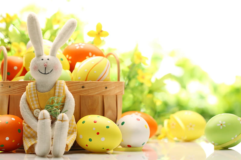 Easter Decoration , colorful, holidays, decoration, spring, event, Easter, special days, basket, eggs, flowers, bunny, pastel, HD wallpaper