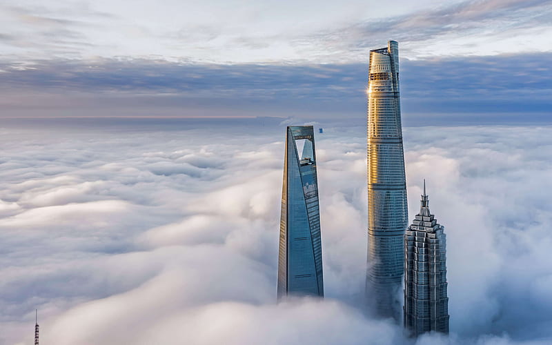 Shanghai, skyscrapers in the clouds, Shanghai Tower, Shanghai World Financial Center, skyscrapers, China, HD wallpaper