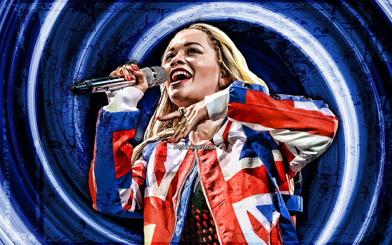 Rita Ora, blue grunge background, american singer, music stars, vortex, Rita Ora with microphone, Rita Sahatciu Ora, creative, Rita Ora, HD wallpaper