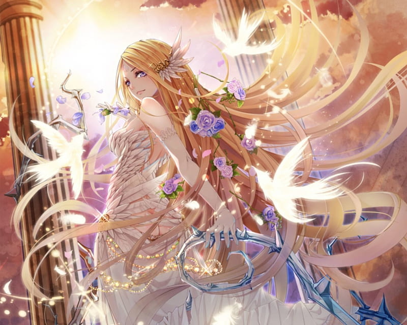 Thorn Wed, dress, blond cg, bride, bonito, floral, anime, feather, hot, anime girl, beauyt, realistic, long hair, gorgeous, blososm, female, gown, thorn, sexy, wedding, blond hair, girl, bird, bouquet, flower, petals, lady, maiden, HD wallpaper