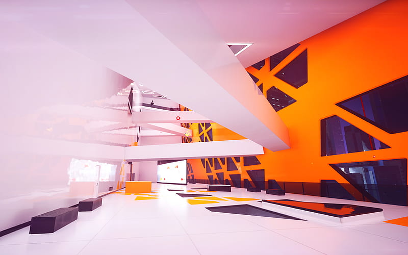modern stylish interior, large hall, minimalism, orange abstractions, modern interior design, HD wallpaper