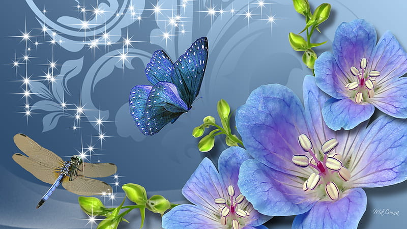 Fun Flowers and Dragonfly, stars, firefox persona, swirls, buds, sparkles, butterfly, dragonfly, flowers, blue, HD wallpaper