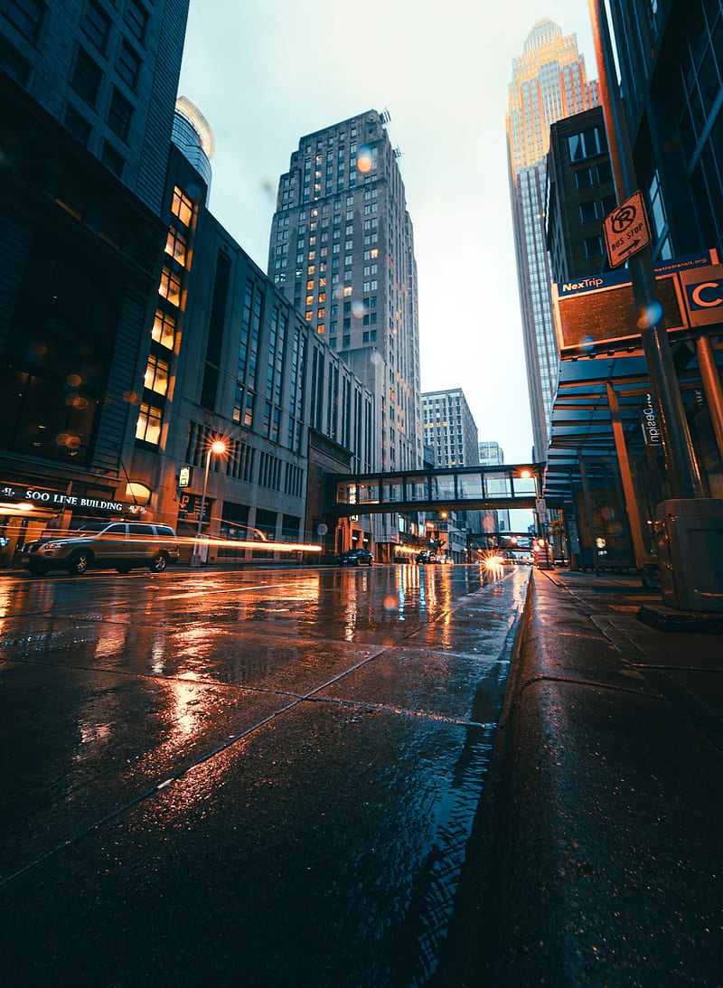 city, buildings, skyscrapers, road, rain, HD phone wallpaper