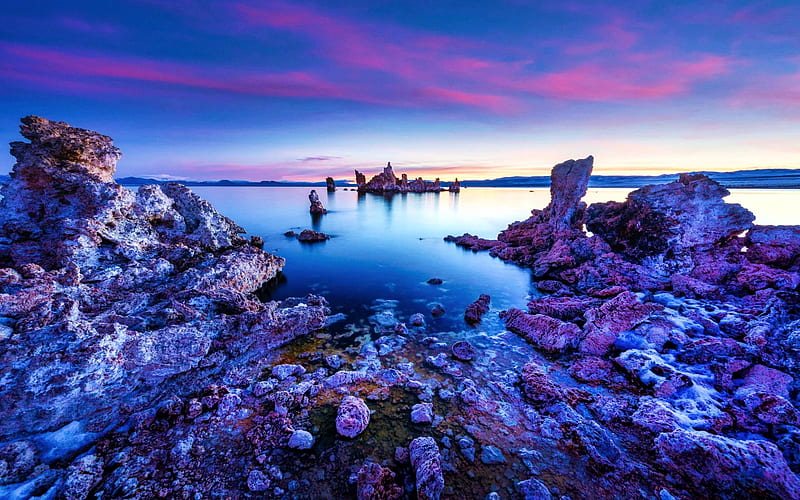 First Light at Mono Lake, California, rocks, water, stones, usa, sunrise, sky, clouds, HD wallpaper