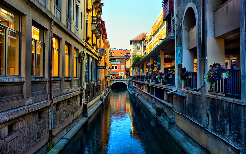 Waterpath, french alps, france, canal, annecy, waterway, HD wallpaper