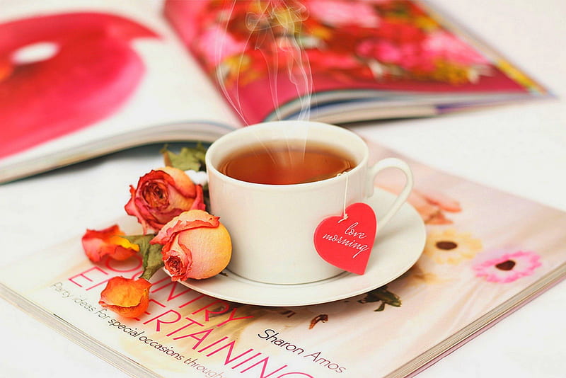 Good Morning, with love, rose, tea, cuo of tea, love, heart, tea time, cup, morning, HD wallpaper