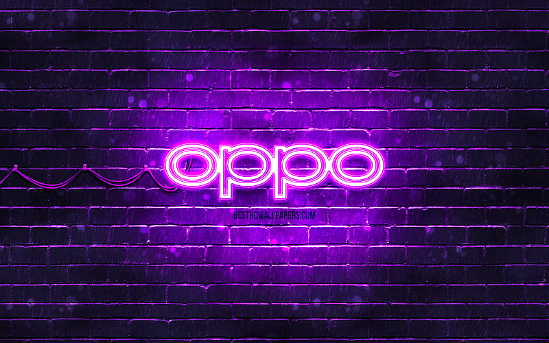 Oppo violet logo, , violet brickwall, Oppo logo, brands, Oppo neon logo, Oppo, HD wallpaper