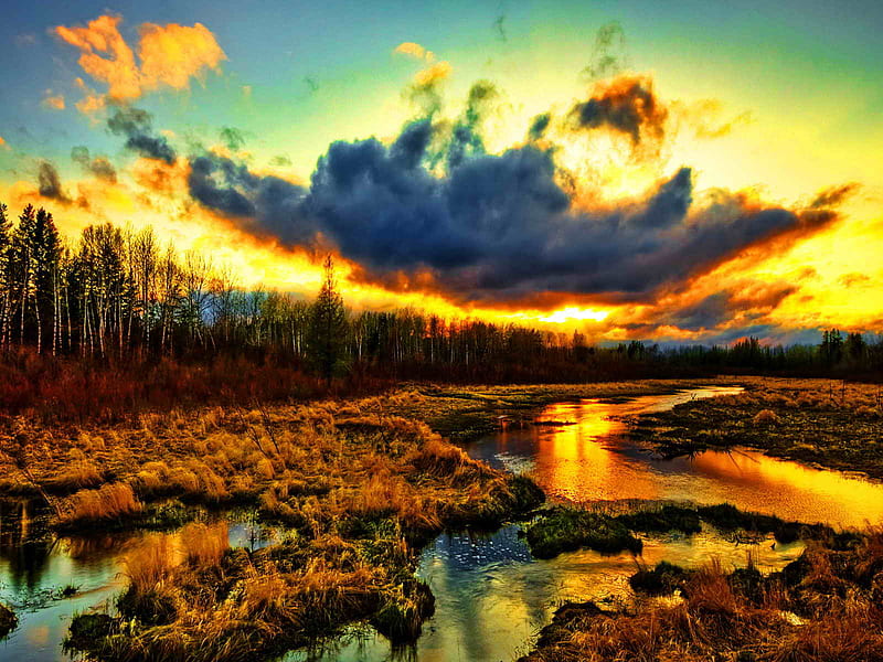 Water flow, amazing, autumn, flow, sunlight, sunset, sky, clouds ...