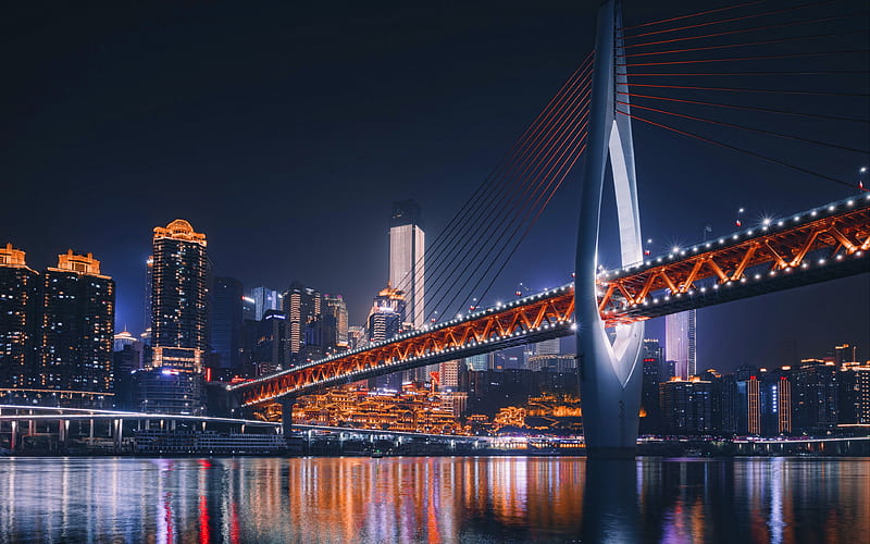 Chongqing, Dongshuimen Bridge, nightscapes, chinese cities, skyscrapers, China, Chongqing Hongyadong, Asia, Chongqing at night, HD wallpaper