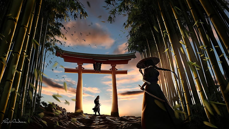 samurai, fantasy men, torii, forest, trees, scenery, asian men, Fantasy, HD wallpaper