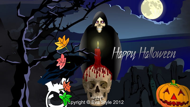Happy Halloween, fantasma, calabaza, cementerio halloween, cuervo, HD wallpaper