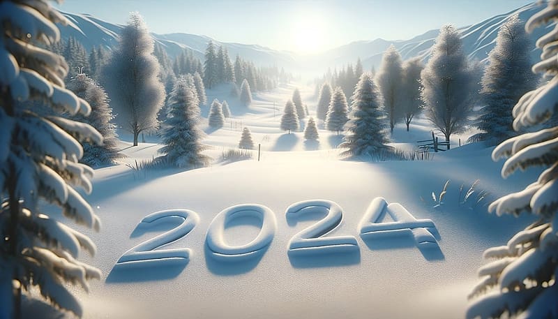 New Year's Day 2024, teli, uj ev napja, 2024, erdo, havas, fenyok, ho, evad, napfeny, hegyek, HD wallpaper