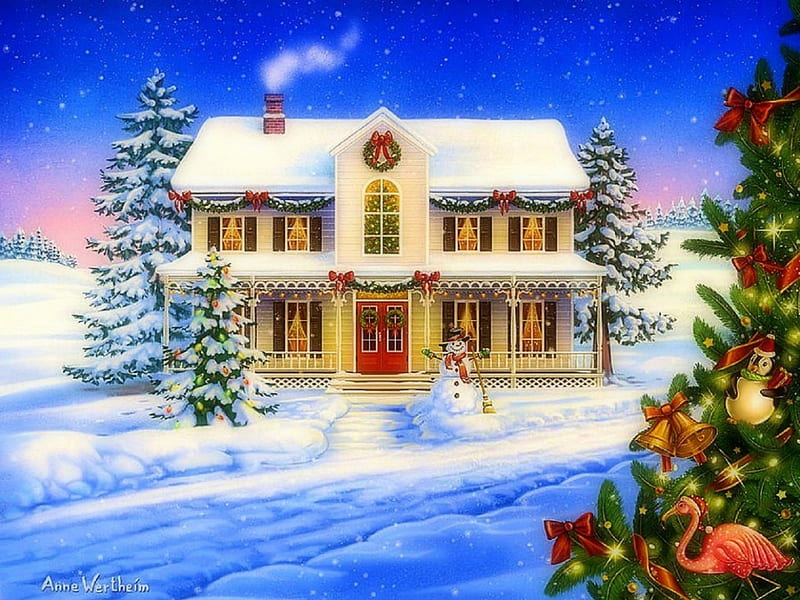 ★Christmas Greetings★, holidays, white trees, houses, love four seasons, festivals, bonito, attractions in dreams, christmas trees, snowman, xmas and new year, winter, paintings, snow, winter holidays, HD wallpaper