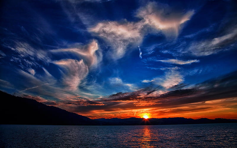 Lakeside Sunset, hills, sun, water, reflection, clouds, sky, HD wallpaper