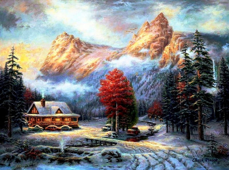 By Chuck Pinson, art, tree, snow, painting, pinson, winter, HD wallpaper