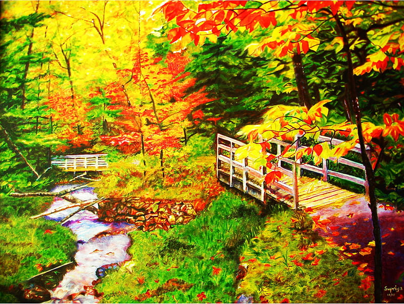Autumn Forest, leaves, bridge, painting, colors, creek, trees, HD ...