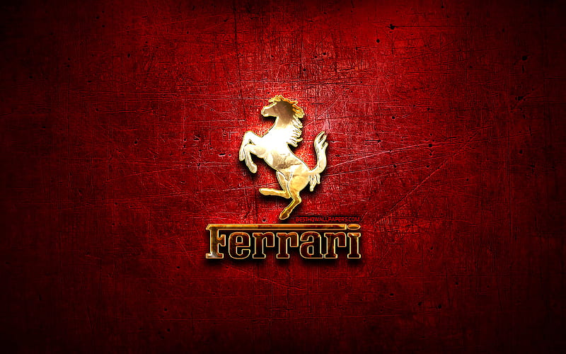 Ferrari golden logo, cars brands, artwork, red metal background, creative, Ferrari logo, brands, Ferrari, HD wallpaper