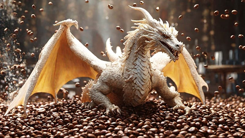 Guardian Of The Coffee, coffee, dragon, beans, white, HD wallpaper