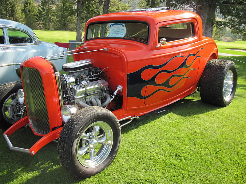 1932 Ford coupe, red, Ford, grass, headlights, Chrome, black, trees, Grills, green, tires, graphy, Engine, HD wallpaper