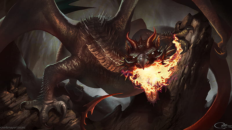 Fantasy Big Black Dragon Is Breathing A Fire On Rock Dreamy, HD wallpaper