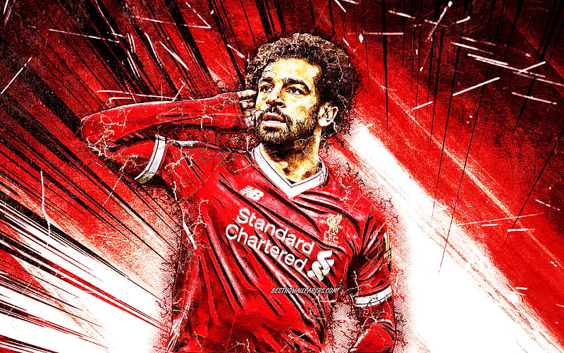 Mohamed Salah, grunge art, Liverpool FC, egyptian footballers, LFC, red abstract rays, Salah, Premier League, Mohamed Salah art, Salah Liverpool, Mo Salah, soccer, HD wallpaper